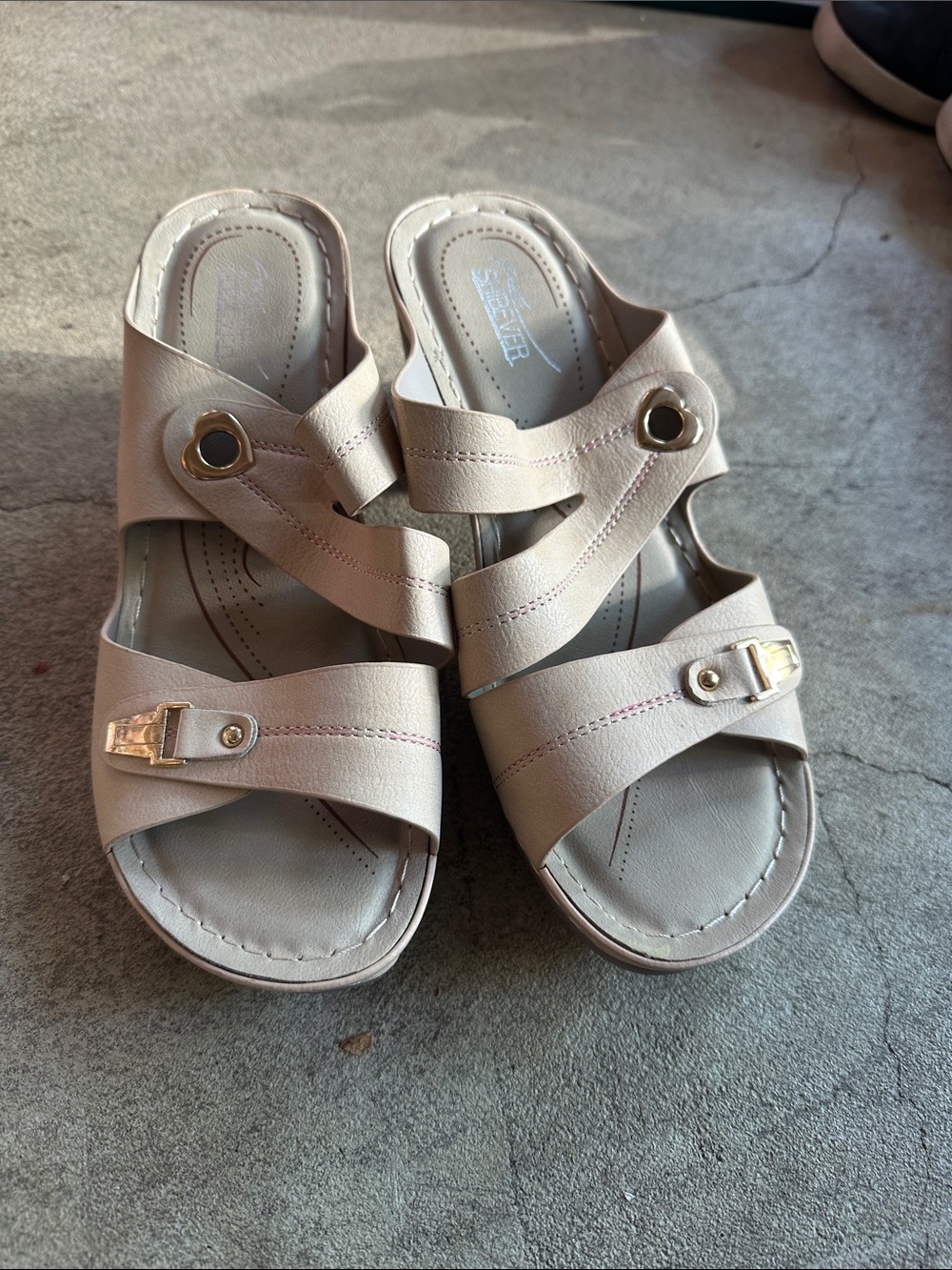 Neutral Beige Strappy Slide Sandals with Gold Hardware